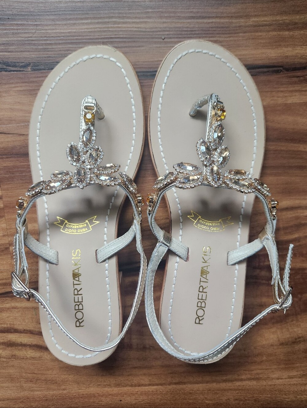 Roberta Akis Jeweled T-Strap Sandals